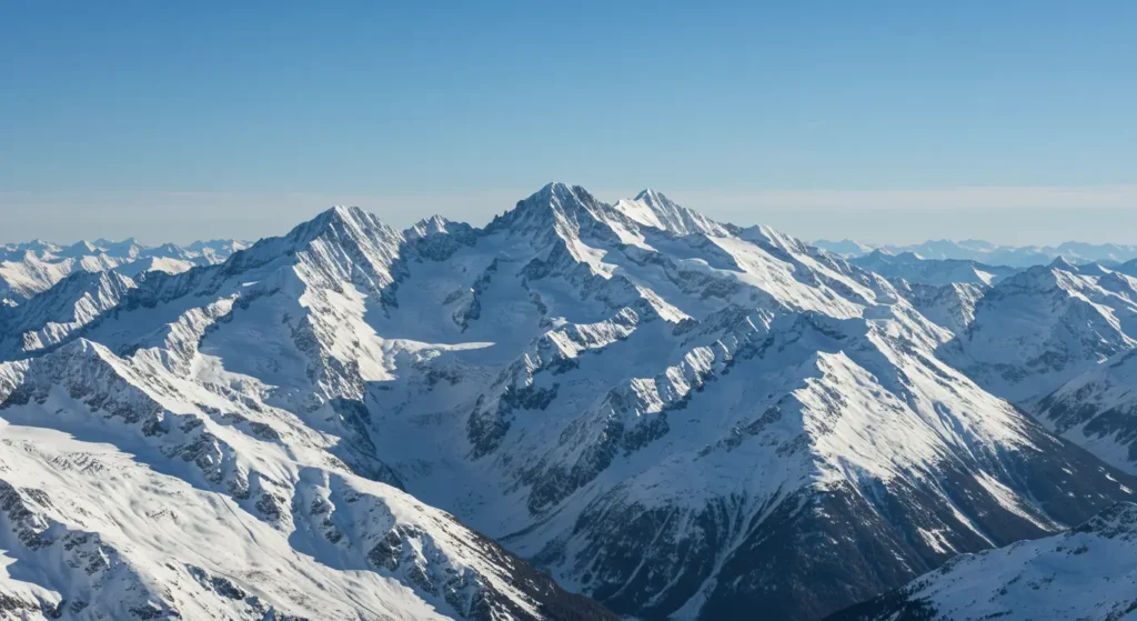 Snow-covered mountain range under a clear blue sky, symbolizing clarity, challenge, and achievement.